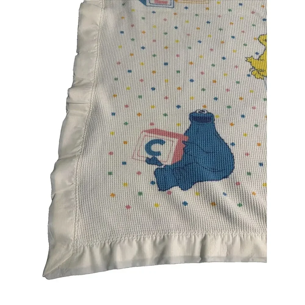 Vtg Sesame Street Character Alphabet White Waffle Knit Stain Trim Baby Blanket
